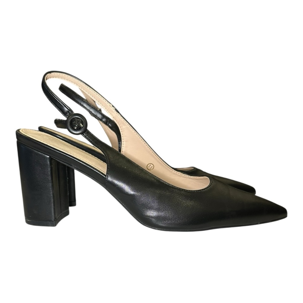 Black Leather Slingback Pointed-Toe Block Heel Pumps